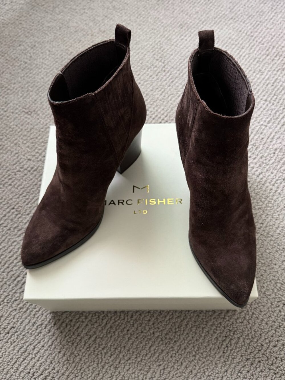 MARC FISHER LTD - Alva Dark Brown Suede Booties, size 7.5 or 7